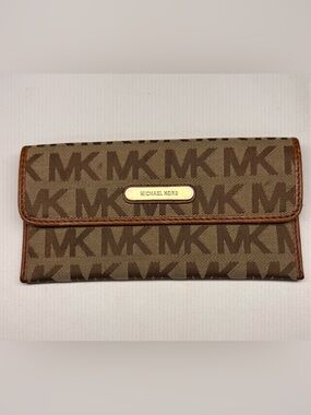 Michael Kors Tan & Brown MK Logo Continental Wallet with Gold Plaque